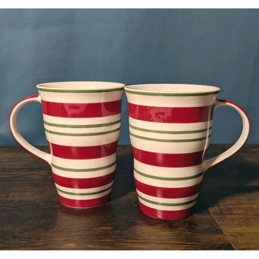 2 Pier 1  Striped Candy Cane Tapered Latte Coffee Mugs Tea Cups Red Green White
